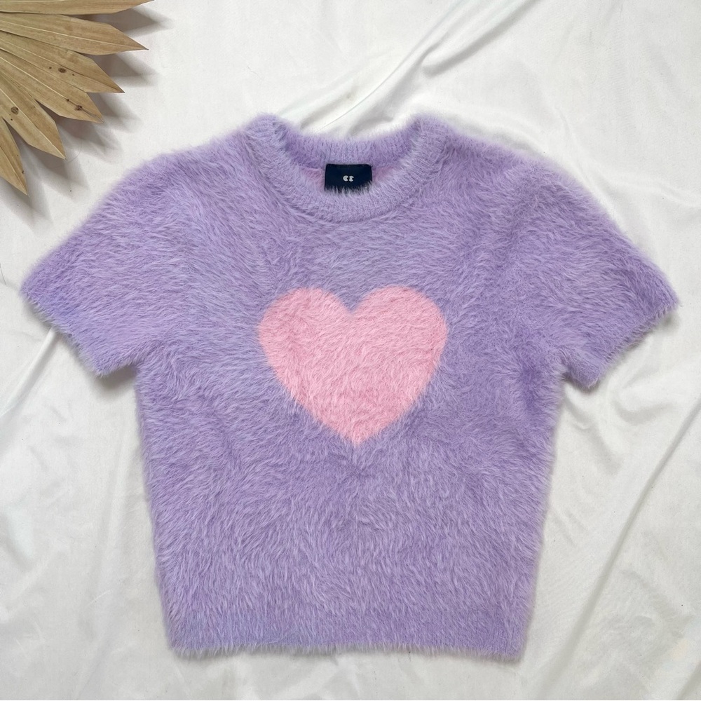 💜🩷 Lazy Oaf Lavender Fuzzy Sweater with Pink Heart
